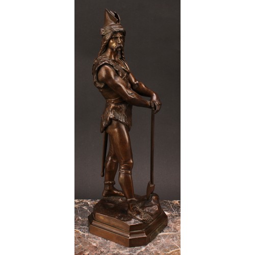 1256 - Marcel Debut (1865-1933), a brown patinated bronze, a Norse warrior, standing scantily clad in armou... 