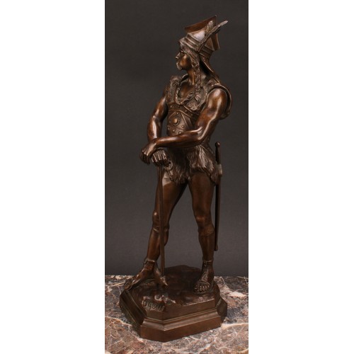 1256 - Marcel Debut (1865-1933), a brown patinated bronze, a Norse warrior, standing scantily clad in armou... 