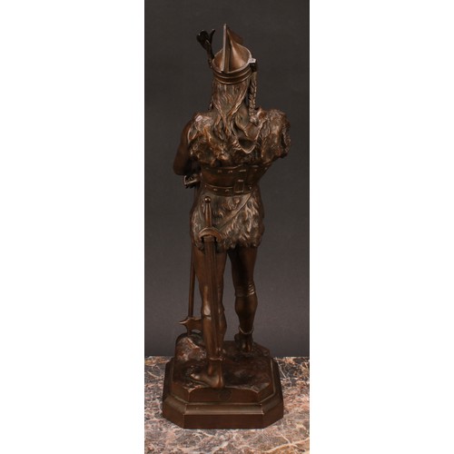 1256 - Marcel Debut (1865-1933), a brown patinated bronze, a Norse warrior, standing scantily clad in armou... 