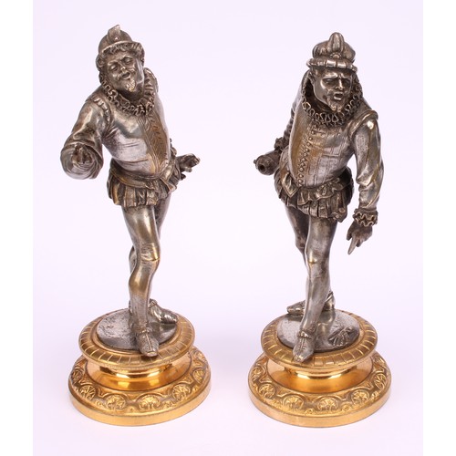 1252 - Continental school, 19th century, a pair of silvered and gilt bronze figures of the court, standing ... 