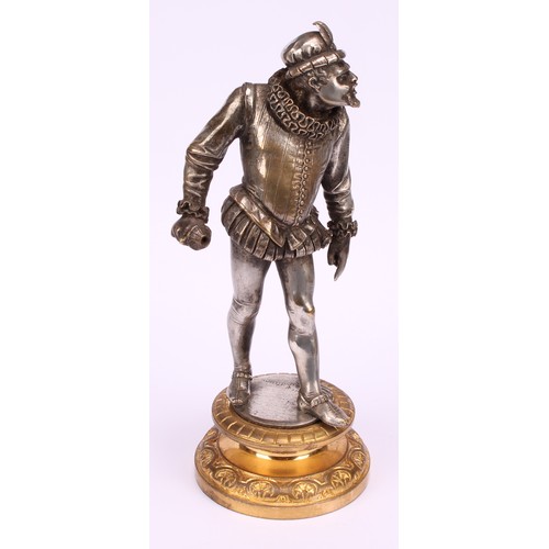 1252 - Continental school, 19th century, a pair of silvered and gilt bronze figures of the court, standing ... 