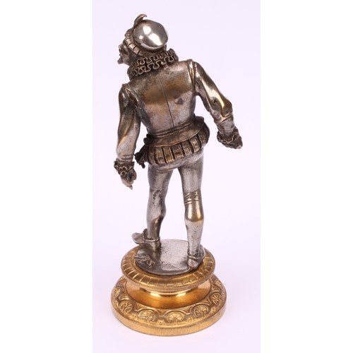 1252 - Continental school, 19th century, a pair of silvered and gilt bronze figures of the court, standing ... 