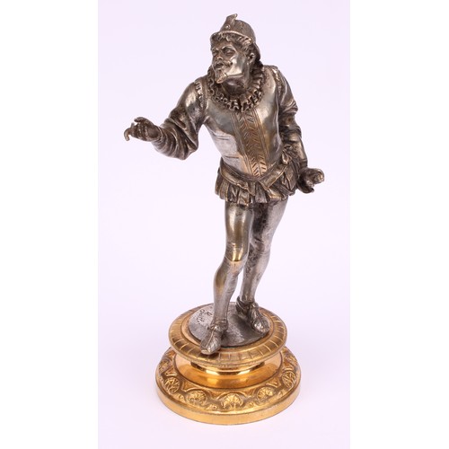 1252 - Continental school, 19th century, a pair of silvered and gilt bronze figures of the court, standing ... 