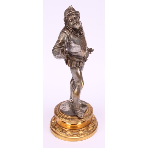 1252 - Continental school, 19th century, a pair of silvered and gilt bronze figures of the court, standing ... 