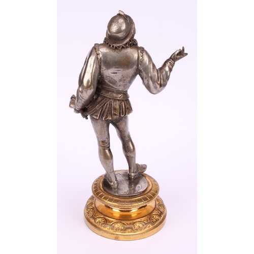 1252 - Continental school, 19th century, a pair of silvered and gilt bronze figures of the court, standing ... 