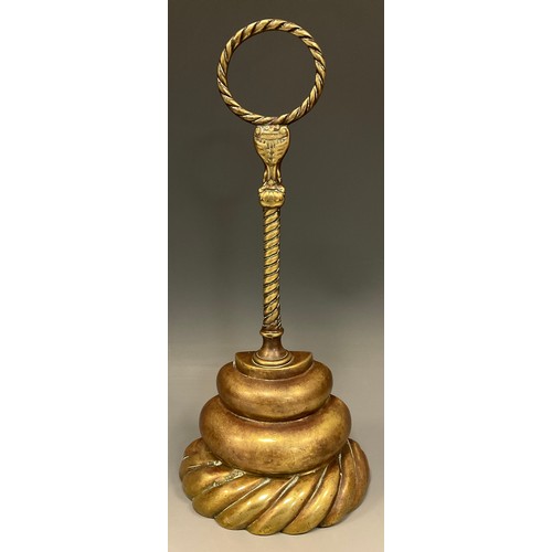 1248 - A post-Regency bronze door stop or porter, rope-twist loop handle, stepped demi-lune base, 27.5cm hi... 