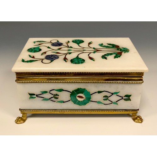 1247 - A Persian style white marble table casket, inlaid with malachite, Lapis Lazuli, mother of pearl and ... 