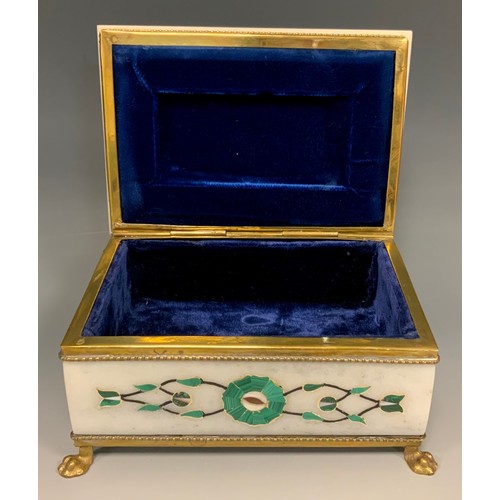 1247 - A Persian style white marble table casket, inlaid with malachite, Lapis Lazuli, mother of pearl and ... 