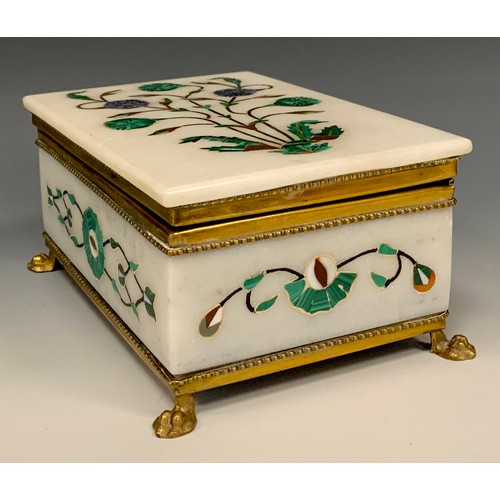 1247 - A Persian style white marble table casket, inlaid with malachite, Lapis Lazuli, mother of pearl and ... 