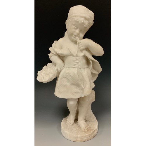 886 - A 19th century continental white marble figure, as a Young Girl with Basket of Flowers, 35.8cm high