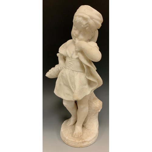 886 - A 19th century continental white marble figure, as a Young Girl with Basket of Flowers, 35.8cm high