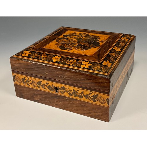 1222 - A 19th century Tunbridge inlaid handkerchief box, lined interior, 7.5cm high, 15cm square.