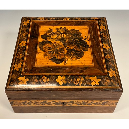 1222 - A 19th century Tunbridge inlaid handkerchief box, lined interior, 7.5cm high, 15cm square.