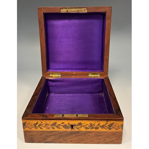 1222 - A 19th century Tunbridge inlaid handkerchief box, lined interior, 7.5cm high, 15cm square.