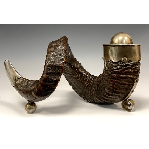 1219 - A 19th century Ram's horn inkwell with silver-plated mounts 16cm high, 30cm long.