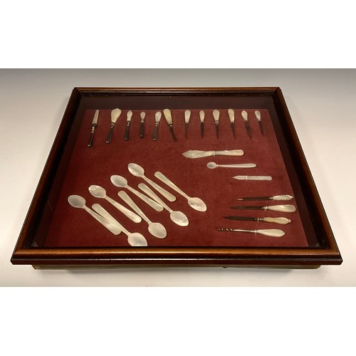 1225 - A montage of Victorian mother of pearl hafted tools inc nail files, tweezers, needles, hooks etc, se... 