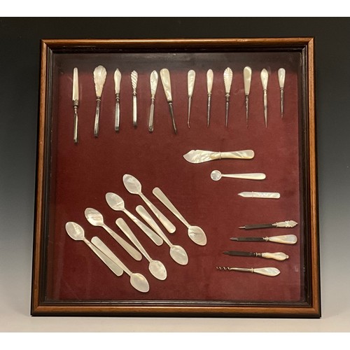 1225 - A montage of Victorian mother of pearl hafted tools inc nail files, tweezers, needles, hooks etc, se... 