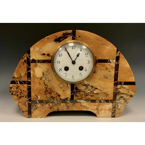 985 - A French Art Deco Siena and black marble clock garniture, arched clock case, white dial, Arabic nume... 