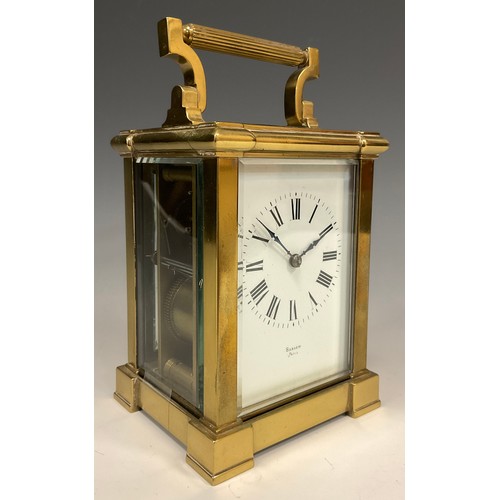 990 - A large brass four glass carriage clock, white dial, marked Barlow Paris, bold Roman numerals, blued... 