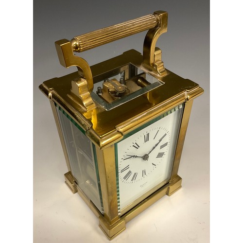 990 - A large brass four glass carriage clock, white dial, marked Barlow Paris, bold Roman numerals, blued... 