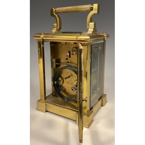 990 - A large brass four glass carriage clock, white dial, marked Barlow Paris, bold Roman numerals, blued... 