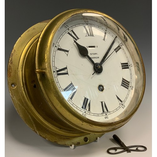 996 - A Story of Barrow Ships brass cased bulkhead clock, white enamel dial, bold Roman numerals, single w... 