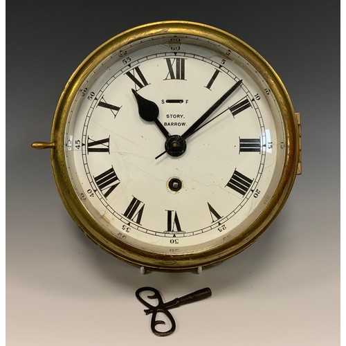 996 - A Story of Barrow Ships brass cased bulkhead clock, white enamel dial, bold Roman numerals, single w... 