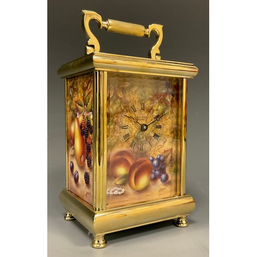 987 - A Kingsley Enamels Fallen Fruits carriage clock decorated to each face with hand painted fruits and ... 