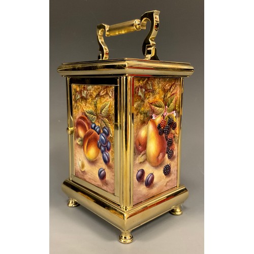 987 - A Kingsley Enamels Fallen Fruits carriage clock decorated to each face with hand painted fruits and ... 