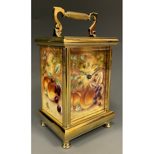 988 - A Kingsley Enamels Fallen Fruits carriage clock decorated to each face with hand painted fruits and ... 