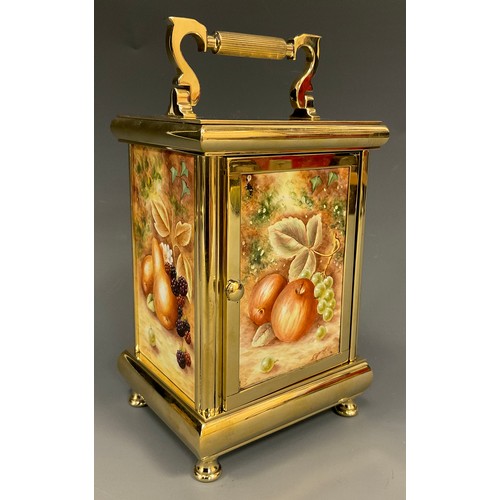 988 - A Kingsley Enamels Fallen Fruits carriage clock decorated to each face with hand painted fruits and ... 