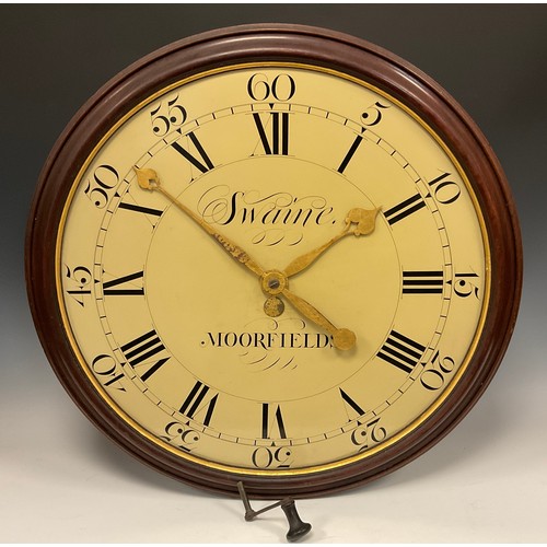 991 - A late 18th century tavern clock, cream dial, marked Swaine Moorfields, bold Roman numerals within o... 