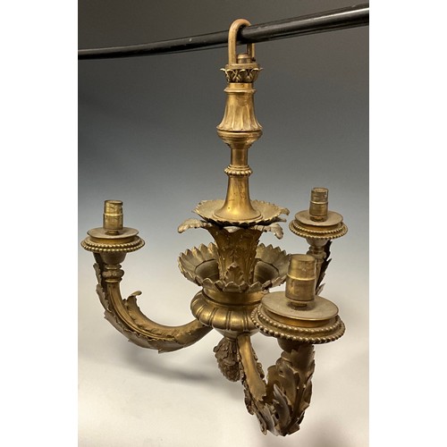 1028 - An early 20th century ormolu three branch electrolier, cast with acanthus, beaded borders, 37cm wide