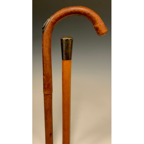 690 - A sliver mounted leather Horse Measuring stick, curved handle, stepped leather covered body, Swaine ... 