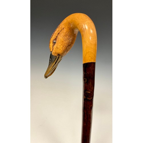 705 - A 20th century carved wooden walking stick, by Ian Taylor, the handle realistically carved as the he... 