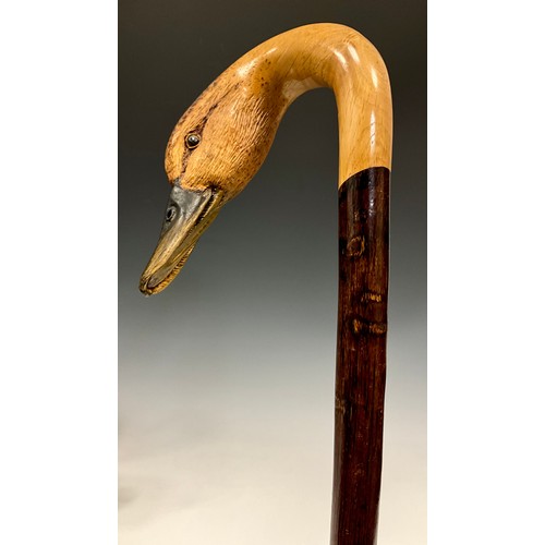 705 - A 20th century carved wooden walking stick, by Ian Taylor, the handle realistically carved as the he... 