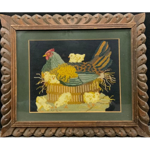 1126 - A 19th century needlework, Chicken and Chicks, 30.5cm x 38cm, carved frame.