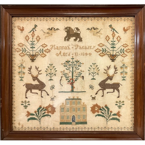 1127 - A 19th century sampler, worked by Hannah Pheasey, aged 11, dated 1844, with Tree of Life, Staggs, An... 