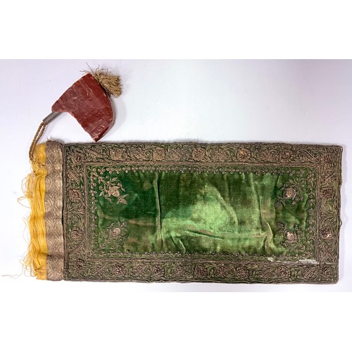 1125 - A 19th century beadwork  and green velvet scroll case or bag, with silver wire armorial and floral b... 