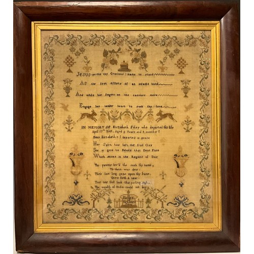 1131 - A Victorian needlework mourning sampler, in memory of Elizabeth Foley, April 17th 1849, worked in co... 