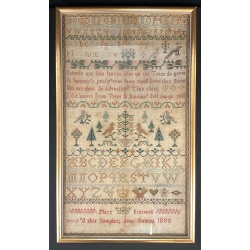 1134 - An early 19th century sampler, worked by Mary Fretwell, Anno Domini 1805, with alphabet and numeral ... 