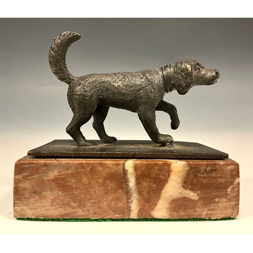 878 - A 19th century bronze figure, as a sporting gun dog, fore paw raised, marble plinth, 6.6cm high, 7.5... 