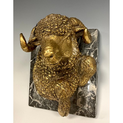 880 - A gilt bronze desk weight, as a Ram, grey marble plinth, 15cm x 13cm.