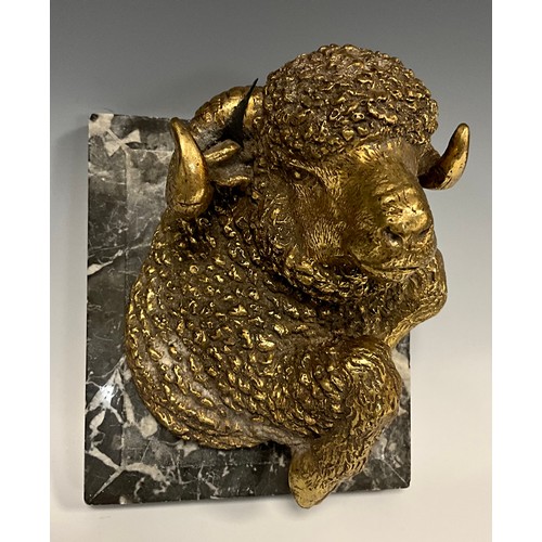 880 - A gilt bronze desk weight, as a Ram, grey marble plinth, 15cm x 13cm.