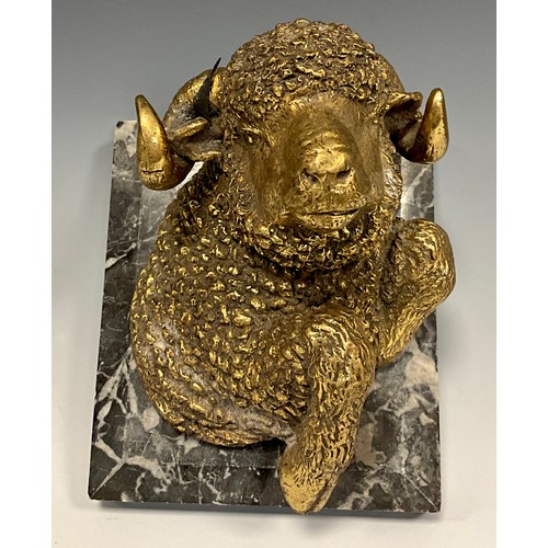 880 - A gilt bronze desk weight, as a Ram, grey marble plinth, 15cm x 13cm.