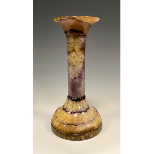 A 19th century Derbyshire Blue John fluorite candlestick, plain column ...