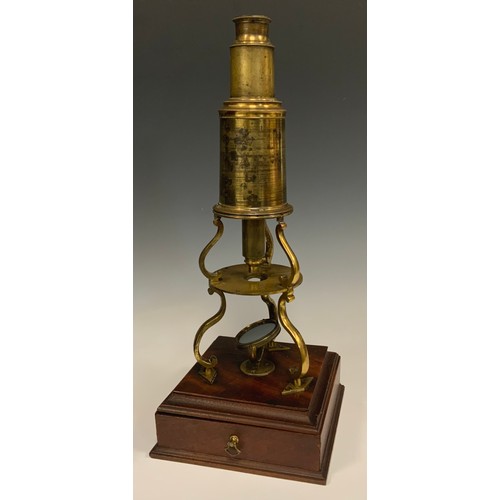 1099 - A 19th century Culpeper type monocular microscope, unsigned, double tripod base, gimbaled mirror, mo... 