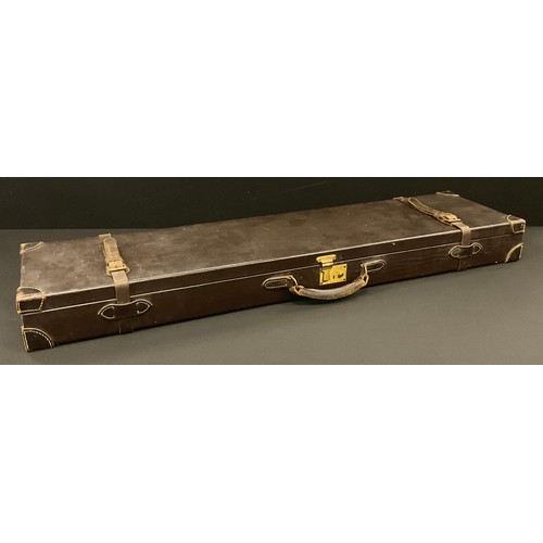 900 - A black/brown leather gun case, fitted interior, in purple, 116cm x 28.5cm x 10.5cm