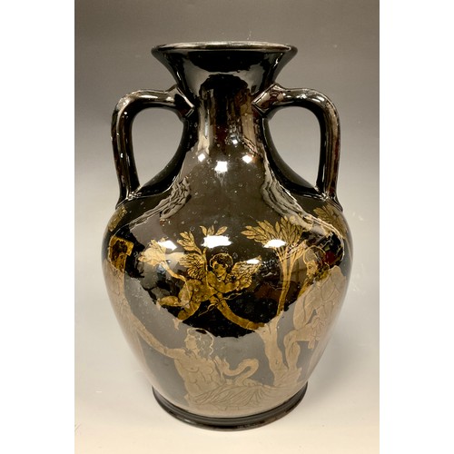 335 - An 19th century Samuel Alcock & Co. copy of the Portland Vase, in a two tone black and brown glaze, ... 