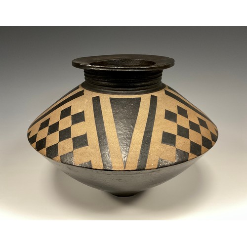 323 - Jason Wason (b.1946) studio pottery vessel of archaic waisted form, decorated with geometric pattern... 